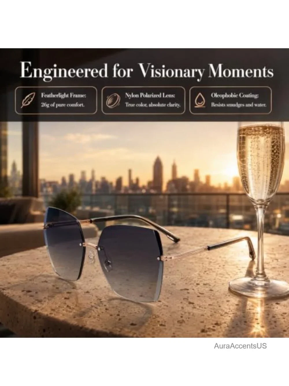 Rimless Oversized Square Sunglasses Nylon Polarized UV400 Lightweight Metal